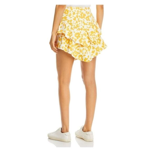 Mother The Ruffle Denim White and Yellow Leopard Print Mini Skirt Size 28 - Picture 2 of 9
